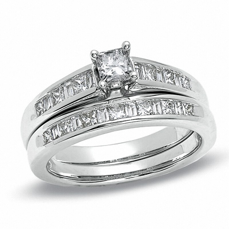 Main Image 1 of Previously Owned - 1 CT. T.W. Princess-Cut Diamond Bridal Set in 14K White Gold