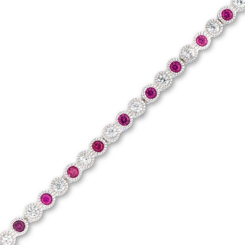 Main Image 1 of Previously Owned - Lab-Created Ruby and White Sapphire Vintage-Style Tennis Bracelet in Sterling Silver - 7.25"