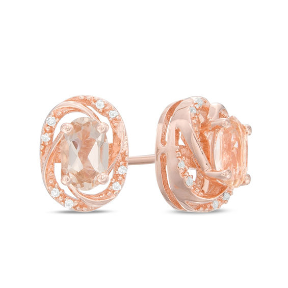 Previously Owned - Oval Morganite and Diamond Accent Orbit Frame Stud Earrings in Sterling Silver with 14K Rose Gold Plate
