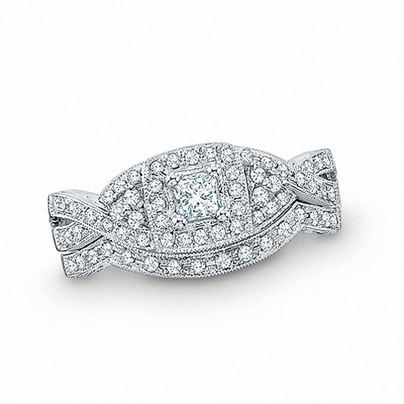 Main Image 1 of Previously Owned - 1 CT. T.W. Princess-Cut Diamond Twist Bridal Set in 14K White Gold