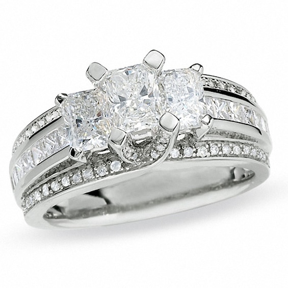 Previously Owned - 1-3/4 CT. T.w. Radiant Cut Diamond Three Stone Ring in 14K White Gold