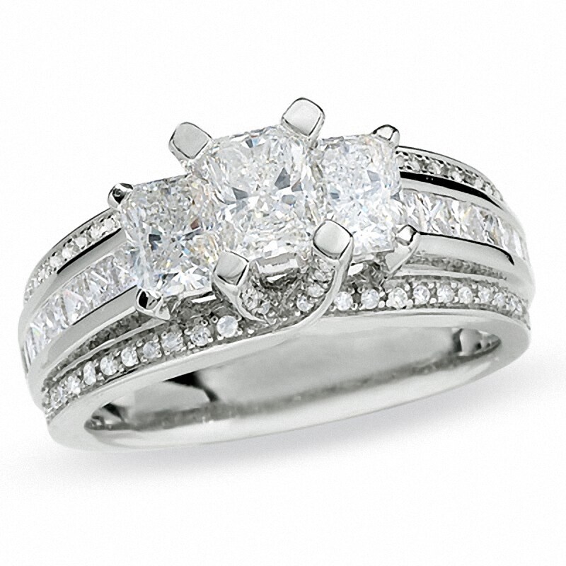 Main Image 1 of Previously Owned - 1-3/4 CT. T.W. Radiant Cut Diamond Three Stone Ring in 14K White Gold