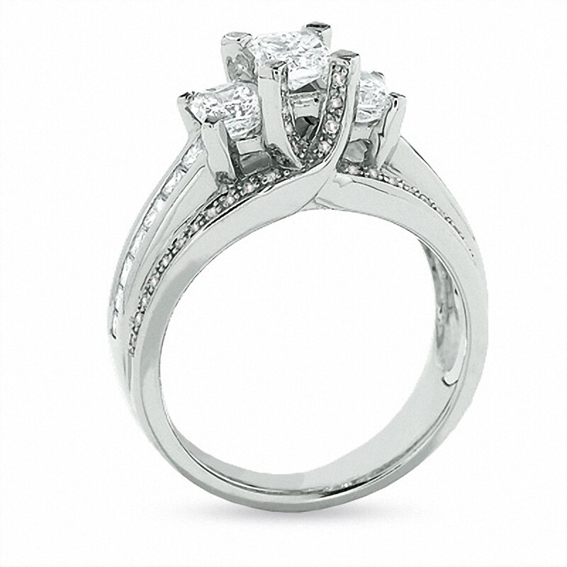 Main Image 2 of Previously Owned - 1-3/4 CT. T.W. Radiant Cut Diamond Three Stone Ring in 14K White Gold