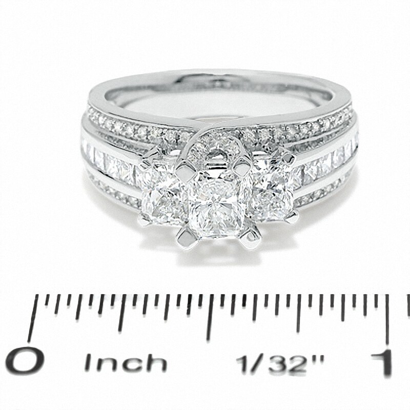 Main Image 3 of Previously Owned - 1-3/4 CT. T.W. Radiant Cut Diamond Three Stone Ring in 14K White Gold