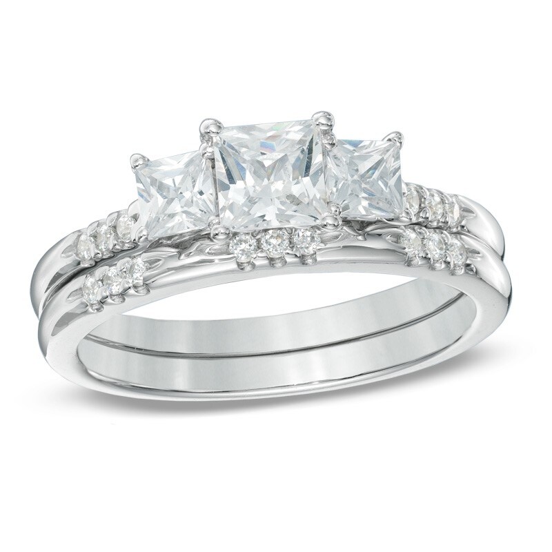Main Image 1 of Previously Owned - 1 CT. T.W. Princess-Cut Diamond Past Present Future® Bridal Set in 14K White Gold