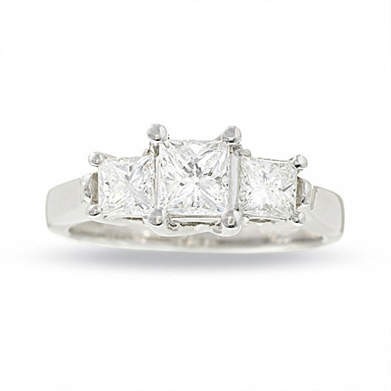 Main Image 1 of Previously Owned - 1-1/2 CT. T.W. Princess-Cut Diamond Three Stone Ring in 14K White Gold