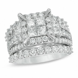 Previously Owned - 4 CT. T.W. Quad Princess-Cut Diamond Frame Three Piece Bridal Set in 14K White Gold