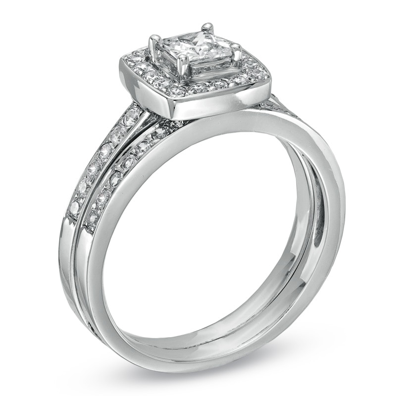 Main Image 2 of Previously Owned - 3/4 CT. T.W. Princess-Cut Diamond Framed Bridal Set in 14K White Gold