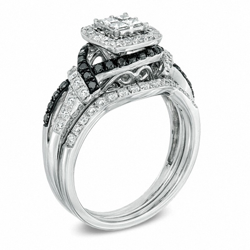 Main Image 2 of Previously Owned - 1 CT. T.W. Quad Princess-Cut Enhanced Black and White Diamond Bridal Set in 14K White Gold