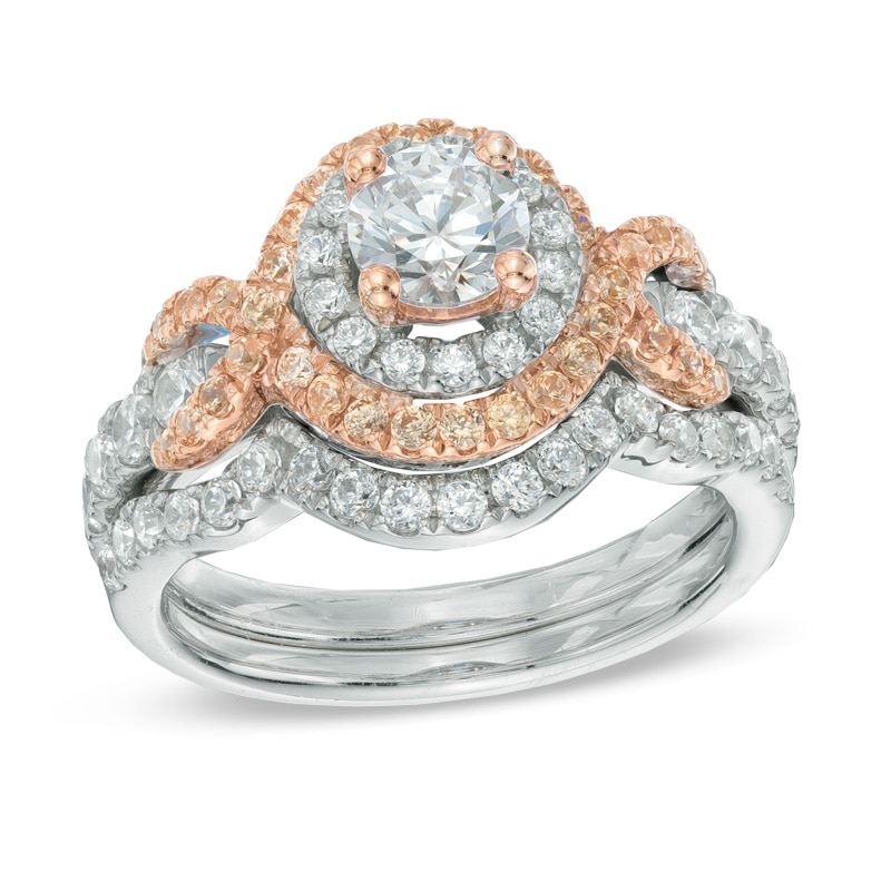 Main Image 1 of Previously Owned - 1-1/2 CT. T.W. Champagne and White Diamond Double Frame Bridal Set in 14K Two-Tone Gold