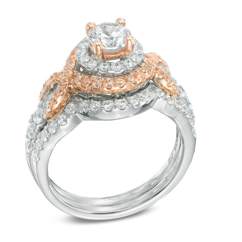 Main Image 2 of Previously Owned - 1-1/2 CT. T.W. Champagne and White Diamond Double Frame Bridal Set in 14K Two-Tone Gold