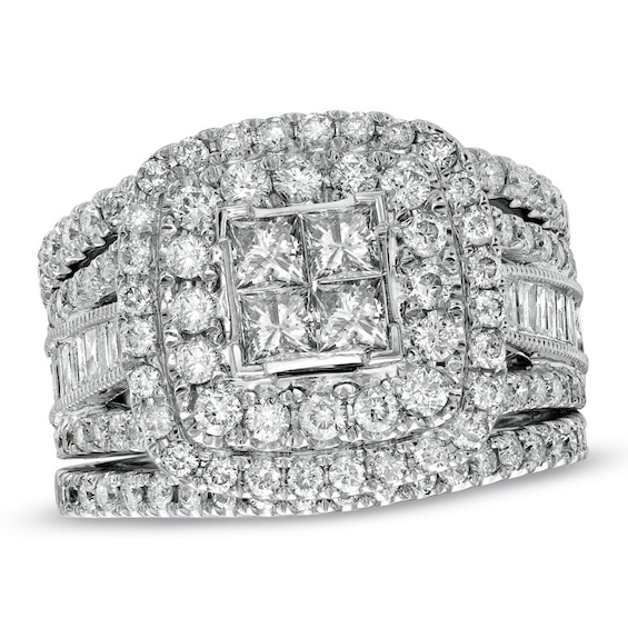 Previously Owned - 2-1/4 CT. T.w. Princess-Cut Quad Diamond Frame Bridal Set in 14K White Gold