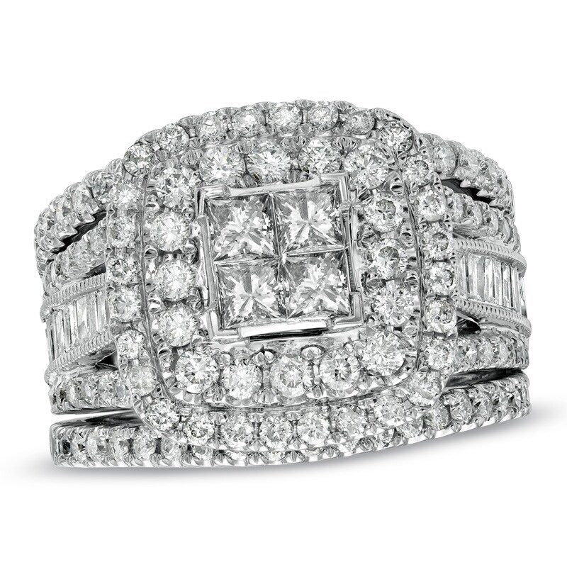 Main Image 1 of Previously Owned - 2-1/4 CT. T.W. Princess-Cut Quad Diamond Frame Bridal Set in 14K White Gold