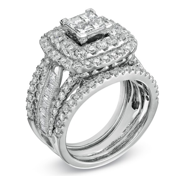Previously Owned - 2-1/4 CT. T.w. Princess-Cut Quad Diamond Frame Bridal Set in 14K White Gold