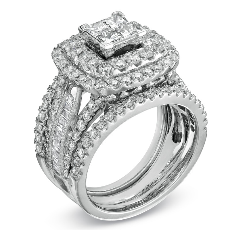 Main Image 2 of Previously Owned - 2-1/4 CT. T.W. Princess-Cut Quad Diamond Frame Bridal Set in 14K White Gold