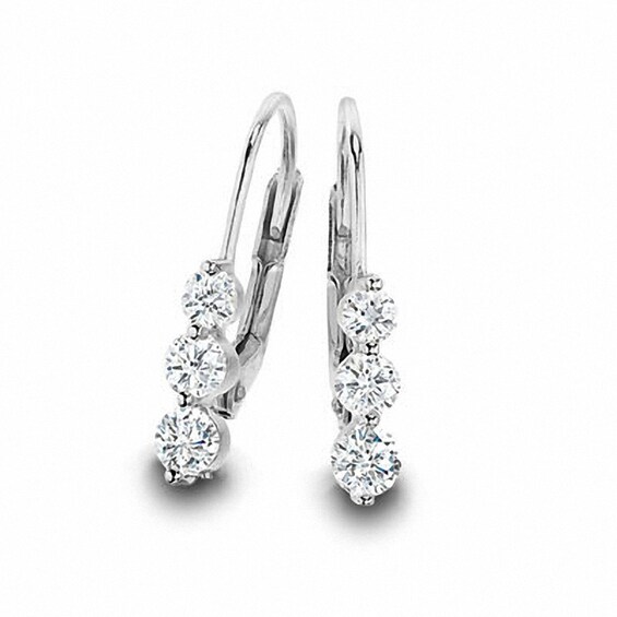 Previously Owned - 1 CT. T.w. Three Stone Diamond Earrings in 14K White Gold