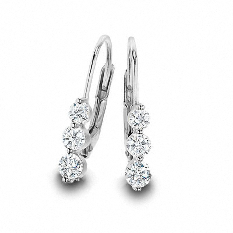 Main Image 1 of Previously Owned - 1 CT. T.W. Three Stone Diamond Earrings in 14K White Gold
