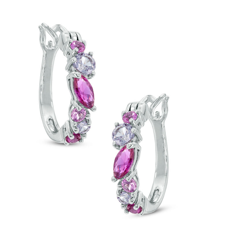 Main Image 1 of Previously Owned - Lab-Created Ruby and Multi-Color Sapphire Hoop Earrings in Sterling Silver