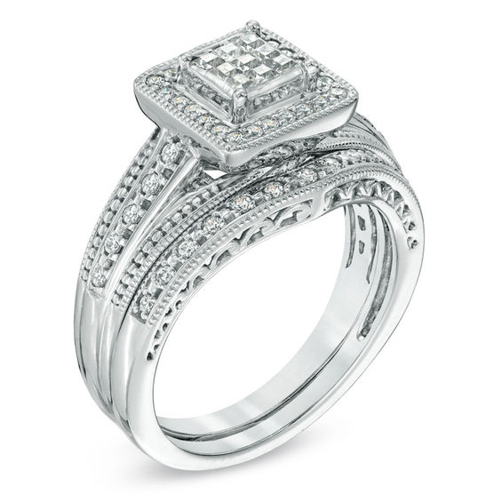 Previously Owned - 3/8 CT. T.w. Princess-Cut Composite Diamond Frame Bridal Set in 10K White Gold
