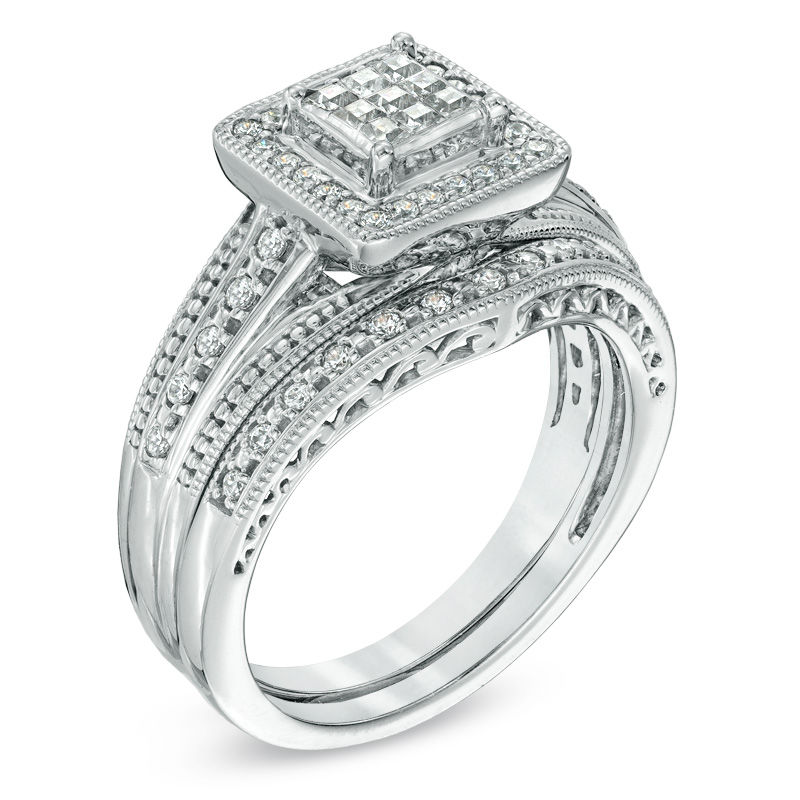 Main Image 2 of Previously Owned - 3/8 CT. T.W. Princess-Cut Composite Diamond Frame Bridal Set in 10K White Gold