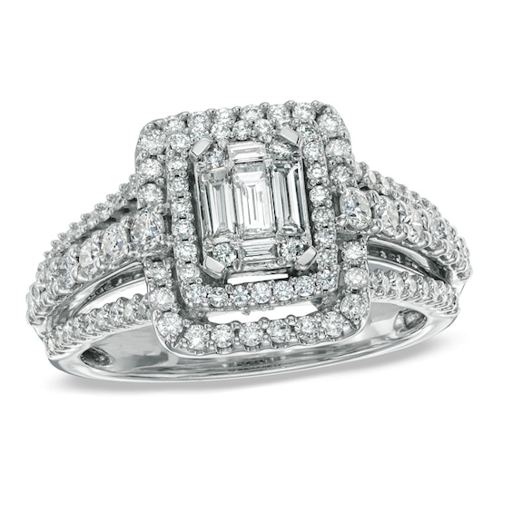 Previously Owned - 1 CT. T.w. Multi-Baguette Diamond Double Frame Engagement Ring in 14K White Gold