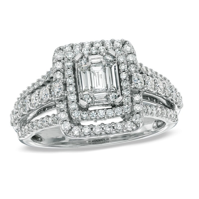 Main Image 1 of Previously Owned - 1 CT. T.W. Multi-Baguette Diamond Double Frame Engagement Ring in 14K White Gold