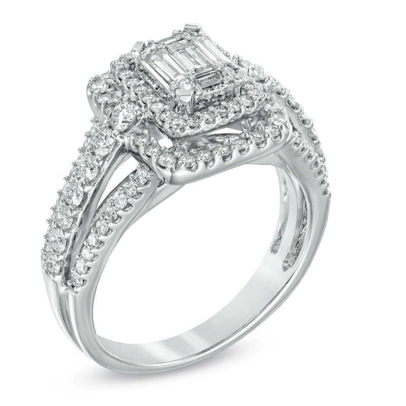 Main Image 2 of Previously Owned - 1 CT. T.W. Multi-Baguette Diamond Double Frame Engagement Ring in 14K White Gold