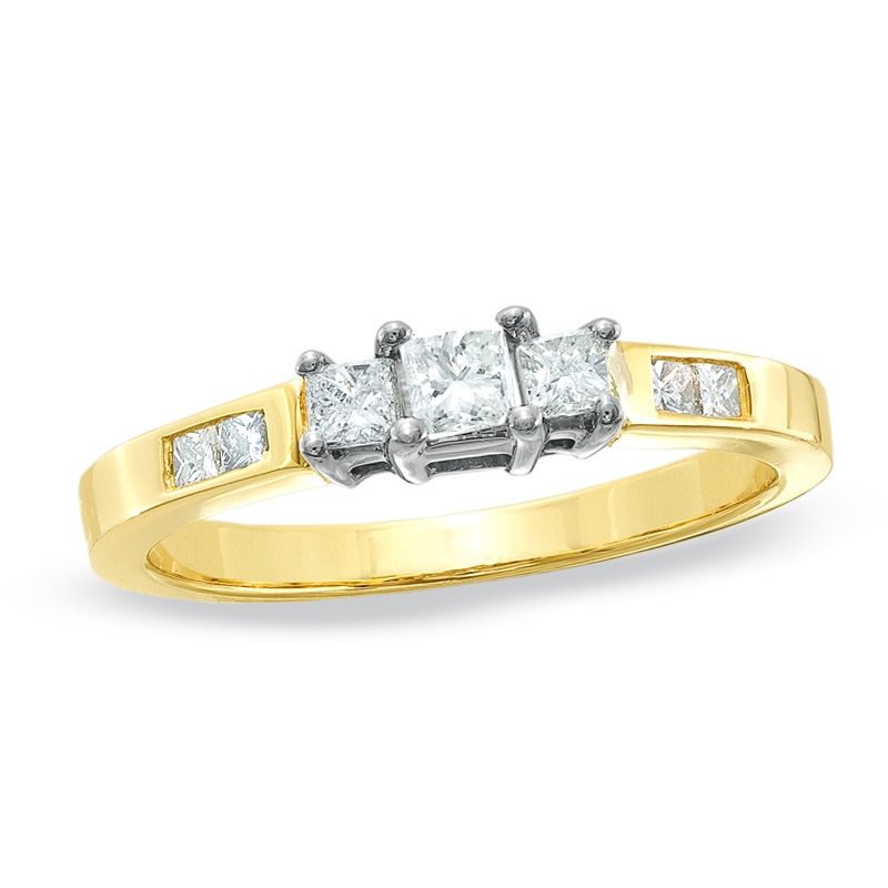Main Image 1 of Previously Owned - 1/2 CT. T.W. Princess-Cut Diamond Three Stone Engagement Ring in 14K Gold