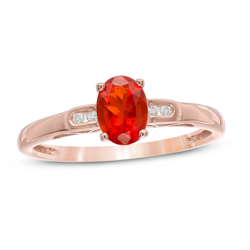 Main Image 1 of Previously Owned - Oval Fire Opal and Diamond Accent Ring in 14K Rose Gold