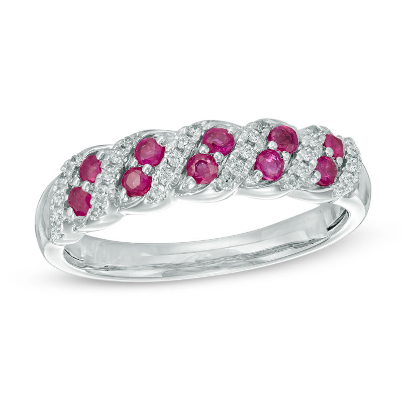 Main Image 1 of Previously Owned - Lab-Created Ruby and 1/8 CT. T.W. Diamond Twist Band in 10K White Gold