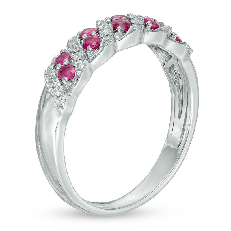 Previously Owned - Lab-Created Ruby and 1/8 CT. T.W. Diamond Twist Band in 10K White Gold