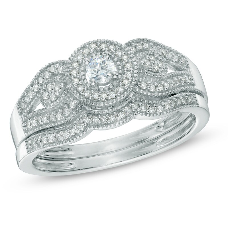 Previously Owned - 1/4 CT. T.W. Diamond Vintage-Style Frame Bridal Set in 10K White Gold