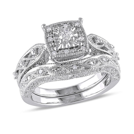 Previously Owned - 1/5 CT. T.w. Diamond Cascading Bridal Set in Sterling Silver