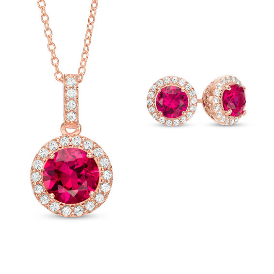 Previously Owned - Lab-Created Ruby and White Sapphire Pendant and Earrings Set in 18K Rose Gold Plated Sterling Silver