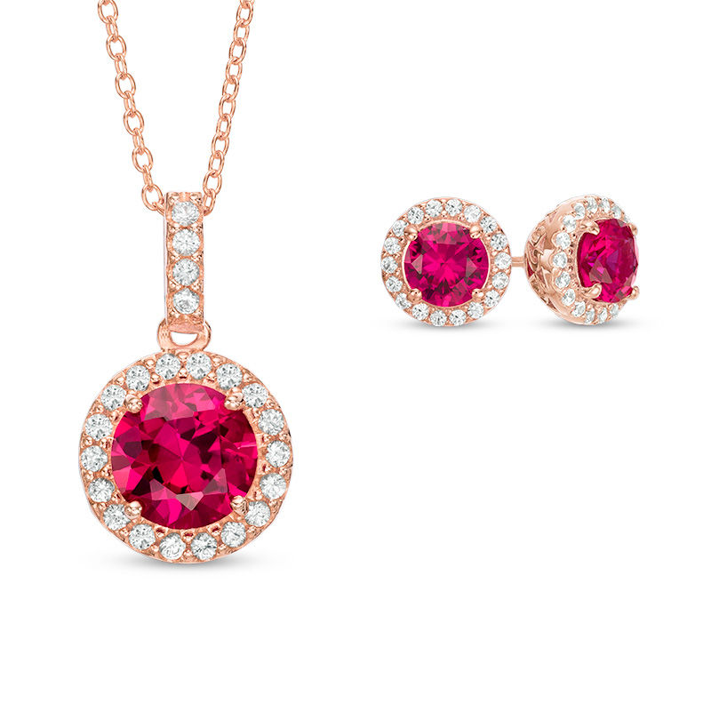 Main Image 1 of Previously Owned - Lab-Created Ruby and White Sapphire Pendant and Earrings Set in 18K Rose Gold Plated Sterling Silver