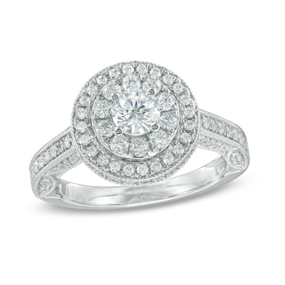Previously Owned - 1-1/4 CT. T.w. Diamond Double Frame Vintage-Style Engagement Ring in 14K White Gold