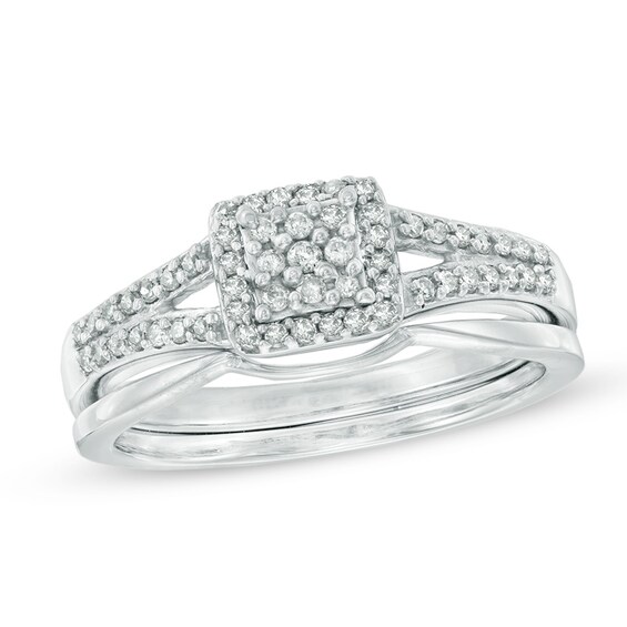 Previously Owned - 1/4 CT. T.w. Diamond Square Cluster Frame Bridal Set in 10K White Gold