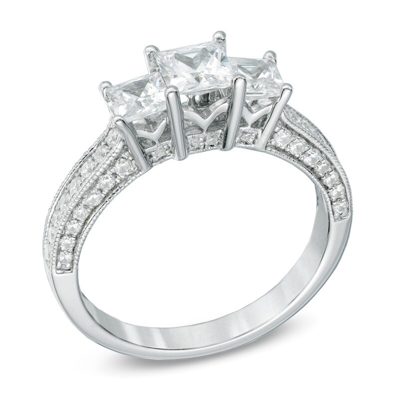 Main Image 2 of Previously Owned - 1-1/2 CT. T.W. Princess-Cut Diamond Past Present Future® Ring in 14K White Gold