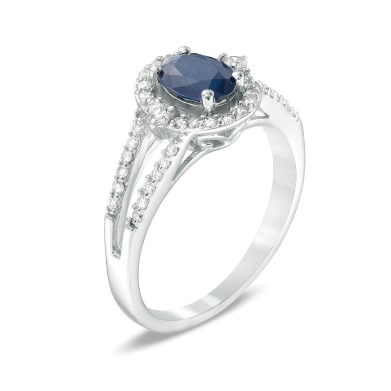 Main Image 2 of Previously Owned - Oval Blue Sapphire and 1/3 CT. T.W. Diamond Frame Ring in 10K White Gold