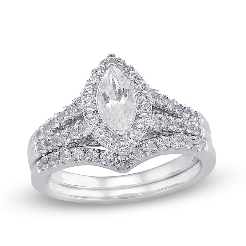 Main Image 1 of Previously Owned - Marquise Lab-Created White Sapphire Frame Bridal Set in Sterling Silver