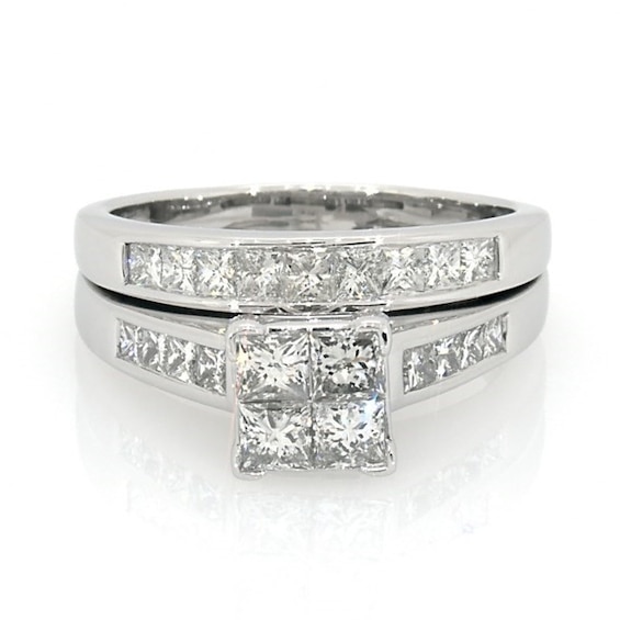 Previously Owned 2 CT. T.w. Quad Princess-Cut Diamond Soldered Bridal Set in 14K White Gold