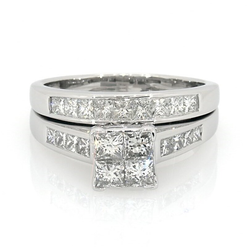 Main Image 1 of Previously Owned 2 CT. T.W. Quad Princess-Cut Diamond Soldered Bridal Set in 14K White Gold