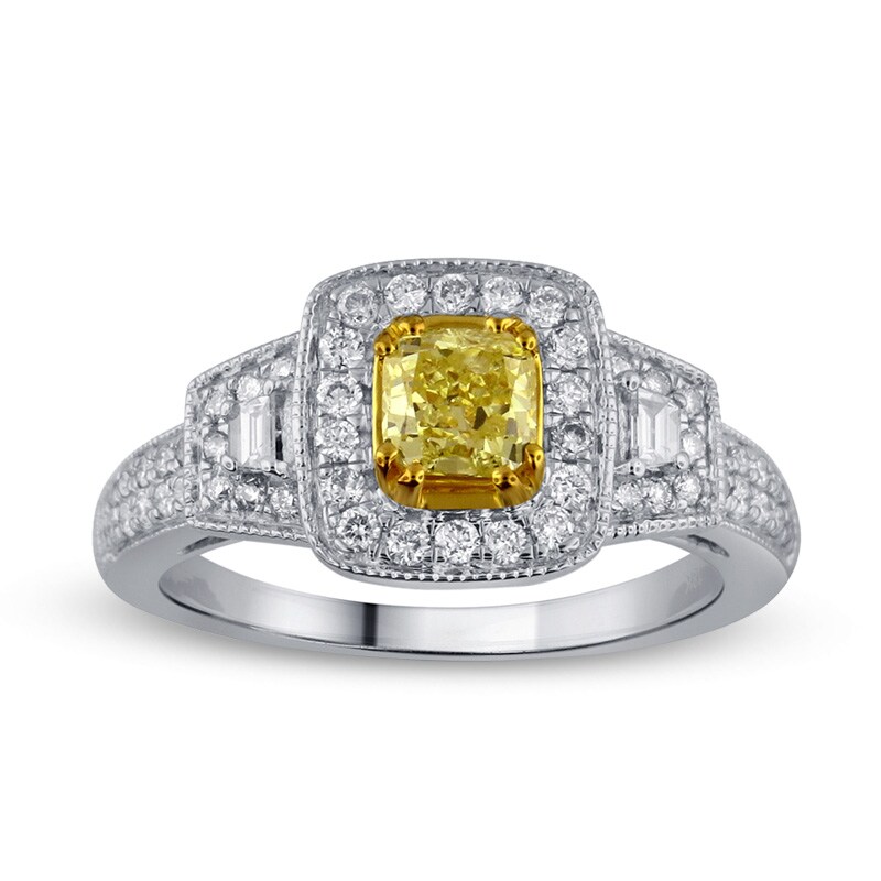 Previously Owned - 1 CT. T.W. Yellow and White Diamond Frame Vintage-Style Engagement Ring in 18K White Gold (SI2)