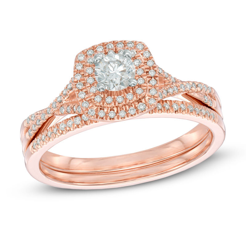 Previously Owned - 1/2 CT. T.W. Diamond Double Square Frame Twist Bridal Set in 14K Rose Gold