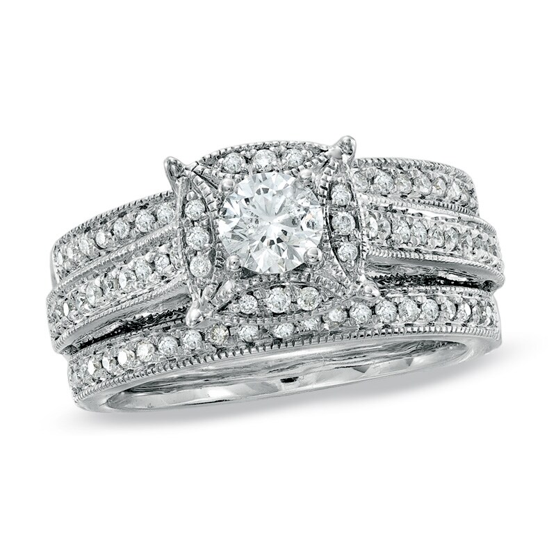 Main Image 1 of Previously Owned - 1 CT. T.W. Diamond Three Piece Bridal Set in 14K White Gold
