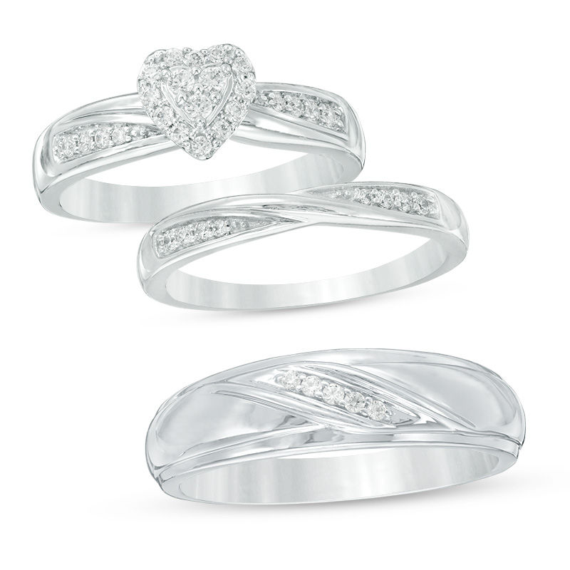 Main Image 1 of Previously Owned - 1/3 CT. T.W. Diamond Heart Frame Slant Comfort Fit Wedding Ensemble in 10K White Gold