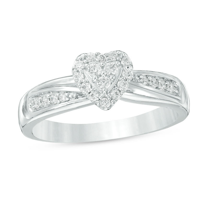 Main Image 2 of Previously Owned - 1/3 CT. T.W. Diamond Heart Frame Slant Comfort Fit Wedding Ensemble in 10K White Gold