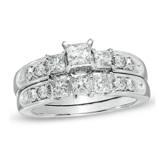Previously Owned - 3 CT. T.w. Princess-Cut Diamond Three Stone Bridal Set in 14K White Gold