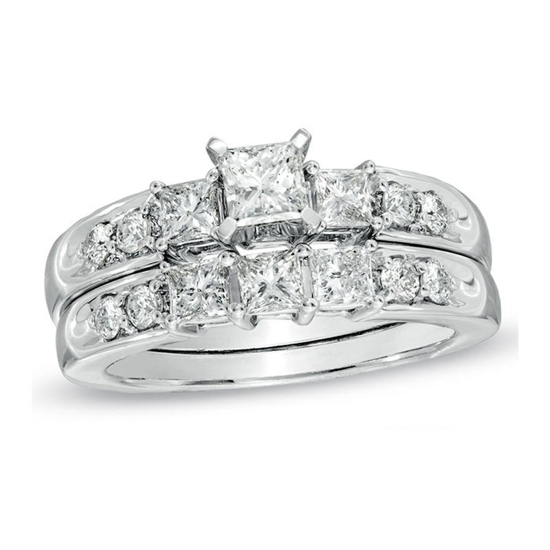 Main Image 1 of Previously Owned - 3 CT. T.W. Princess-Cut Diamond Three Stone Bridal Set in 14K White Gold