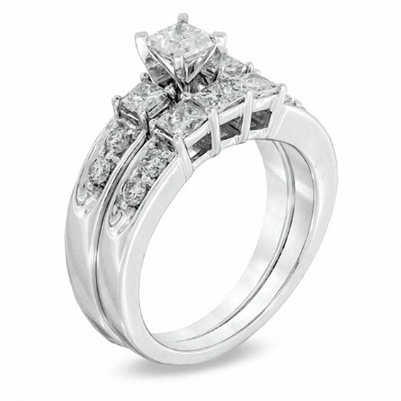 Previously Owned - 3 CT. T.w. Princess-Cut Diamond Three Stone Bridal Set in 14K White Gold